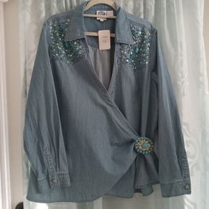 Denim Wrap Top Embellished 2X long sleeve